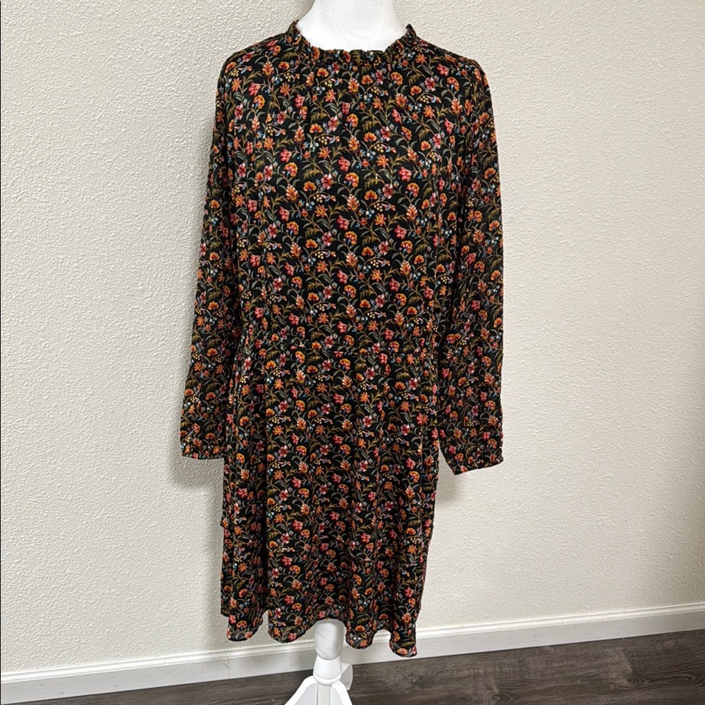 LOFT Red and Black Mock Neck Floral Long Sleeve Dress Size L